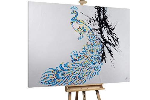 KunstLoft® XXL Gemälde Schaulauf der Pfauen 200x150cm | original handgemalte Bilder | Pfau Tupfen Blau Weiß | Leinwand-Bild Ölgemälde einteilig groß | Modernes Kunst Ölbild