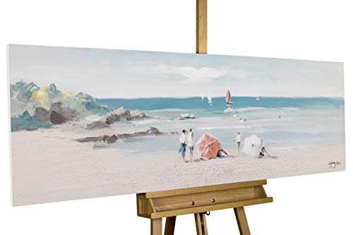 KunstLoft® Acryl Gemälde Strandtag 150x50cm | original handgemalte Leinwand Bilder XXL | Strand Meer Beige Blau | Wandbild Acrylbild Moderne Kunst einteilig mit Rahmen