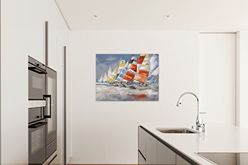 KunstLoft® Acryl Gemälde Wolkenlos 100x75cm | original handgemalte Leinwand Bilder XXL | Boot Meer Bunt Himmel | Wandbild Acryl bild moderne Kunst einteilig mit Rahmen