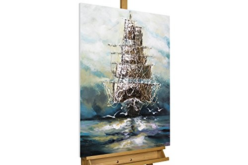 KunstLoft® Acryl Gemälde Ahoi Piratenschiff 60x90cm | original handgemalte Leinwand Bilder XXL | Schiff Piraten Meer Blau | Wandbild Acrylbild moderne Kunst einteilig mit Rahmen