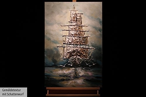 KunstLoft® Acryl Gemälde Ahoi Piratenschiff 60x90cm | original handgemalte Leinwand Bilder XXL | Schiff Piraten Meer Blau | Wandbild Acrylbild moderne Kunst einteilig mit Rahmen