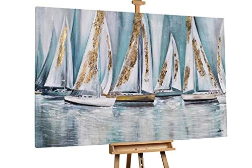KunstLoft® XXL Gemälde Segel setzen 180x120cm | original handgemalte Bilder | Segelschiffe Meer Blau Gold | Leinwand-Bild Ölgemälde einteilig groß | Modernes Kunst Ölbild