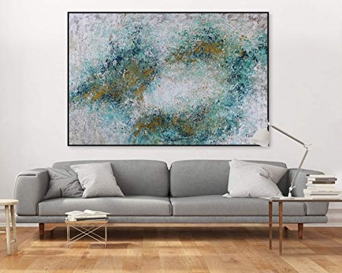 KunstLoft® XXL Gemälde Kuss der Meere 180x120cm | original handgemalte Bilder | Tupfer Abstrakt Grau Türkis | Leinwand-Bild Ölgemälde einteilig groß | Modernes Kunst Ölbild