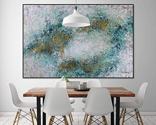 KunstLoft® XXL Gemälde Kuss der Meere 180x120cm | original handgemalte Bilder | Tupfer Abstrakt Grau Türkis | Leinwand-Bild Ölgemälde einteilig groß | Modernes Kunst Ölbild