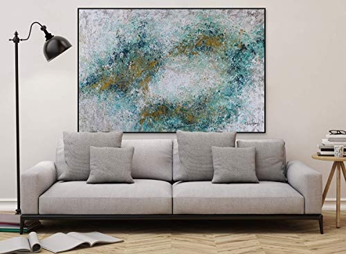 KunstLoft® XXL Gemälde Kuss der Meere 180x120cm | original handgemalte Bilder | Tupfer Abstrakt Grau Türkis | Leinwand-Bild Ölgemälde einteilig groß | Modernes Kunst Ölbild