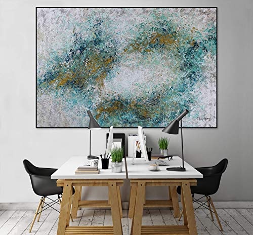 KunstLoft® XXL Gemälde Kuss der Meere 180x120cm | original handgemalte Bilder | Tupfer Abstrakt Grau Türkis | Leinwand-Bild Ölgemälde einteilig groß | Modernes Kunst Ölbild