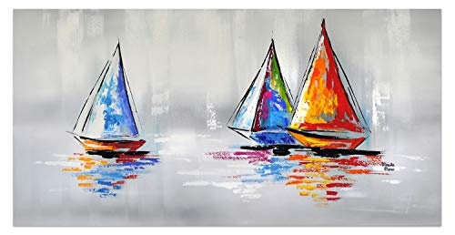 KunstLoft® Acryl Gemälde Sailing to The Horizon 140x70cm | original handgemalte Leinwand Bilder XXL | Boote Meer Orange Blau | Wandbild Acrylbild Moderne Kunst einteilig mit Rahmen