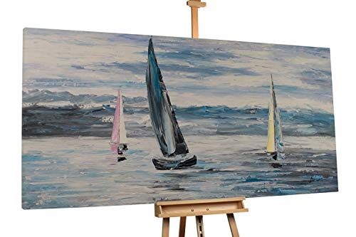 KunstLoft® XXL Gemälde Ausflug ins Blaue 200x100cm | original handgemalte Bilder | Segelschiffe Meer Grau Blau | Leinwand-Bild Ölgemälde einteilig groß | Modernes Kunst Ölbild