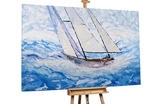 KunstLoft XXL Gemälde Rauschen der See 180x120cm | Original handgemalte Bilder | Modern Boot Meer Blau | Leinwand-Bild Ölgemälde Einteilig groß | Modernes Kunst Ölbild