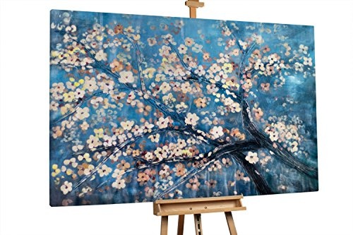 KunstLoft® Öl Gemälde Verzweigungen 180x120cm | original handgemalte Leinwand Bilder XXL | Baum Blau Blüten Natur | Wandbild Ölbild moderne Kunst einteilig mit Rahmen