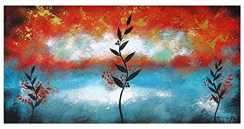KunstLoft® Acryl Gemälde Fruiting Branch 120x60cm | original handgemalte Leinwand Bilder XXL | Abstrakt Rot Blau Blätter Natur | Wandbild Acrylbild moderne Kunst einteilig mit Rahmen