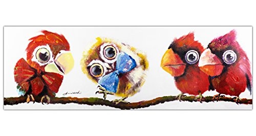 KunstLoft® Acryl Gemälde Im Mittelpunkt 150x50cm | handgemalte Leinwand Bilder XXL | Tiere Vögel Eule Rote Papageien auf AST für Kinderzimmer Babyzimmer | Wandbild Acrylbild Moderne Kunst einteilig