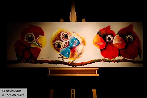 KunstLoft® Acryl Gemälde Im Mittelpunkt 150x50cm | handgemalte Leinwand Bilder XXL | Tiere Vögel Eule Rote Papageien auf AST für Kinderzimmer Babyzimmer | Wandbild Acrylbild Moderne Kunst einteilig