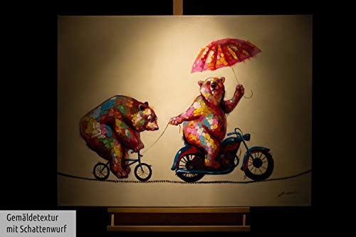 KunstLoft® Acryl Gemälde Der Bär ist los 100x75cm | original handgemalte Leinwand Bilder XXL | Bunte Tiere Bär Fahrrad Motorrad Schirm | Wandbild Acrylbild moderne Kunst einteilig mit Rahmen