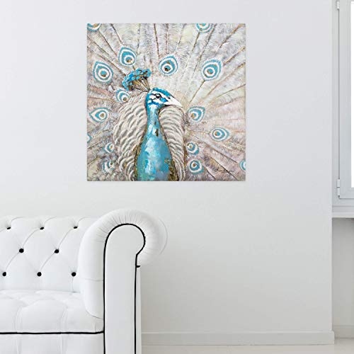 KunstLoft® Acryl Gemälde König Pfau 80x80cm | original handgemalte Leinwand Bilder XXL | Pfau Tier Blau | Wandbild Acrylbild moderne Kunst einteilig mit Rahmen
