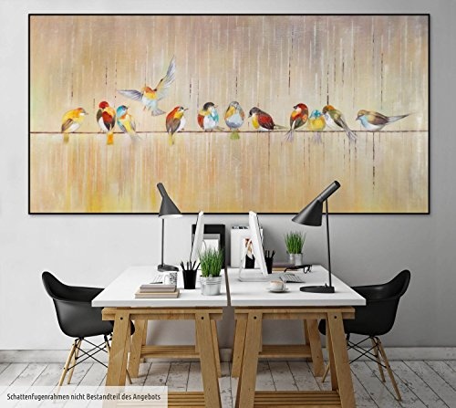 KunstLoft® XXL Gemälde Versammlung der 12 200x100cm | original handgemalte Bilder | Vögel Tier Fliegen Beige | Leinwand-Bild gemälde einteilig groß | Modernes Kunst bild