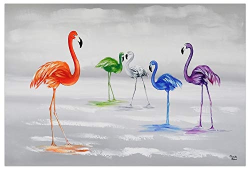 KunstLoft® Acryl Gemälde Farbige Flamingos 120x80cm | original handgemalte Leinwand Bilder XXL | Tiere Flamingos Bunt Grau | Wandbild Acrylbild Moderne Kunst einteilig mit Rahmen