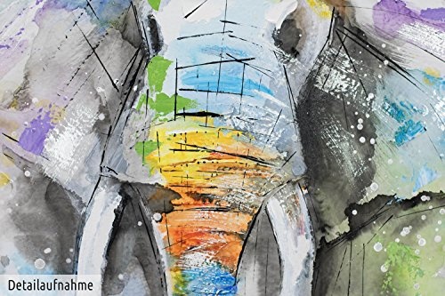 KunstLoft® Acryl Gemälde Aus Grau wird bunt 75x100cm | original handgemalte Leinwand Bilder XXL | Elephant Grau Blau Tier | Wandbild Acrylbild moderne Kunst einteilig mit Rahmen