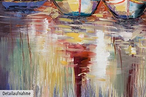 KunstLoft® Acryl Gemälde Hinaus in die Welt 80x80cm | original handgemalte Leinwand Bilder XXL | Boote Meer Blau Gelb Deko | Wandbild Acrylbild moderne Kunst einteilig mit Rahmen