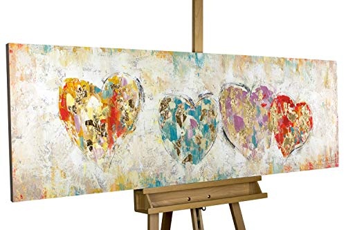 KunstLoft® Gemälde Color My Heart in 150x50cm | XXL Leinwandbild handgemalt | Bunt Herz Beige Schlafzimmer Küche | signiertes Wandbild-Unikat | Acrylgemälde auf Leinwand | Acrylbild auf Keilrahmen