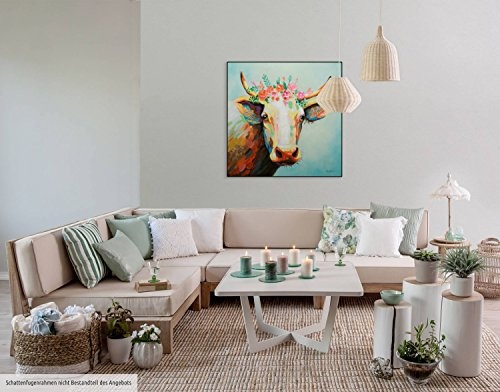 KunstLoft Acryl Gemälde Prinzessin Lotta 80x80cm | Original handgemalte Leinwand Bilder XXL | Kuh Tier Blau Braun | Wandbild Acrylbild Moderne Kunst Einteilig mit Rahmen