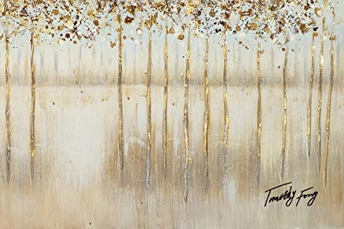 KunstLoft® Acryl Gemälde Stilles Wasser 100x75cm | original handgemalte Leinwand Bilder XXL | Bäume Wald Grau Gold | Wandbild Acrylbild Moderne Kunst einteilig mit Rahmen