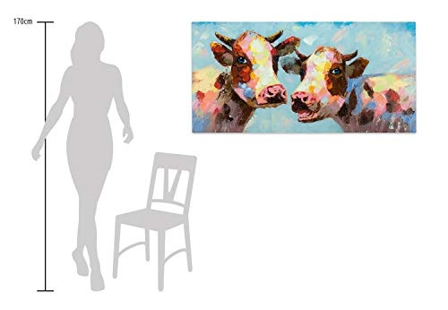 KunstLoft® Acryl Gemälde Tierischer Klatsch 120x60cm | original handgemalte Leinwand Bilder XXL | Kuh Bunt Blau Tier | Wandbild Acrylbild moderne Kunst einteilig mit Rahmen