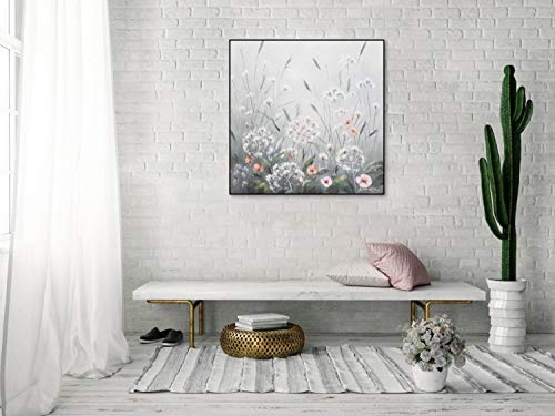 KunstLoft® Acryl Gemälde Frühlingszauber 80x80cm | original handgemalte Leinwand Bilder XXL | Blumen Wiese Grau Grün | Wandbild Acrylbild Moderne Kunst einteilig mit Rahmen
