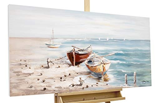 KunstLoft® Acryl Gemälde Seaside 120x60cm | original handgemalte Leinwand Bilder XXL | Meer Boote Orange Blau | Wandbild Acrylbild Moderne Kunst einteilig mit Rahmen