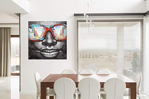 KunstLoft® Acryl Gemälde Behind Blue Eyes 80x80cm | original handgemalte Leinwand Bilder XXL | Porträt Gesicht Brille Damen Rot Blau | Wandbild Acrylbild moderne Kunst einteilig mit Rahmen