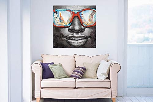 KunstLoft® Acryl Gemälde Behind Blue Eyes 80x80cm | original handgemalte Leinwand Bilder XXL | Porträt Gesicht Brille Damen Rot Blau | Wandbild Acrylbild moderne Kunst einteilig mit Rahmen