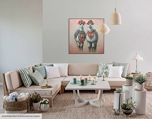 KunstLoft Bild Look-Alike 80x80cm | handbemalter Kunstdruck | Tier Lama Grau Rot Südamerika 3D-Effekt | signiertes Wandbild-Unikat | Acrylbild auf Leinwand | Modernes Kunst Bild | auf Keilrahmen