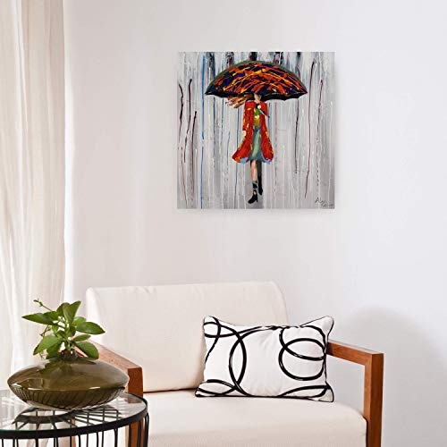 KunstLoft Acryl Gemälde Alice im Regen 60x60cm | original handgemalte Leinwand Bilder XXL | Mensch Frau Schirm Regen Mantel | Wandbild Acrylbild moderne Kunst einteilig mit Rahmen