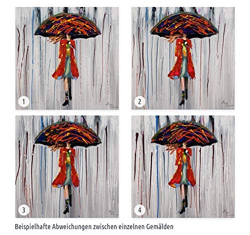 KunstLoft Acryl Gemälde Alice im Regen 60x60cm | original handgemalte Leinwand Bilder XXL | Mensch Frau Schirm Regen Mantel | Wandbild Acrylbild moderne Kunst einteilig mit Rahmen