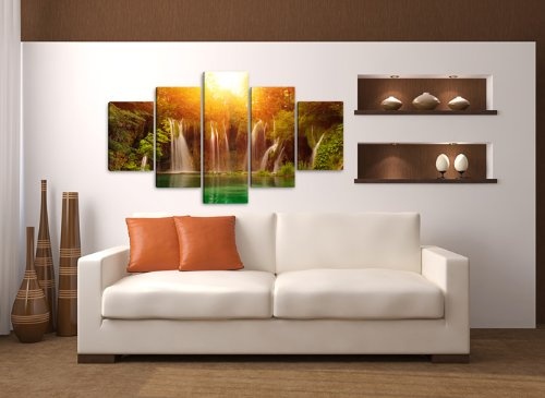 Visario Leinwandbilder 5503 Bild auf Leinwand Wasserfall, 160 x 80 cm , 5 Teile