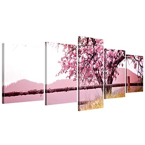 ge Bildet® hochwertiges Leinwandbild XXL Pflanzen Bilder - Frühlingsbaum - Natur Baum Rosa Pink - 200 x 80 cm mehrteilig (5 teilig) 2206 A