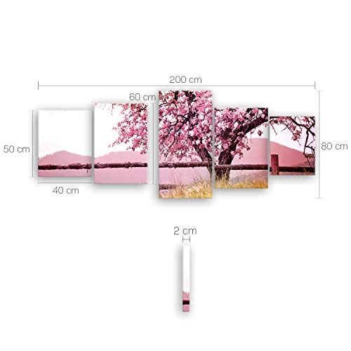 ge Bildet® hochwertiges Leinwandbild XXL Pflanzen Bilder - Frühlingsbaum - Natur Baum Rosa Pink - 200 x 80 cm mehrteilig (5 teilig) 2206 A