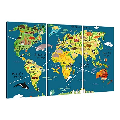 ge Bildet® hochwertiges Leinwandbild XXL - Weltkarte für Kinder - Dunkelblau - Bild für kinderzimmer - 165 x 100 cm mehrteilig (3 teilig) 2202 L