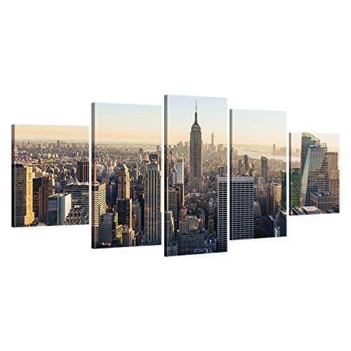 ge Bildet® hochwertiges Leinwandbild - New York City Skyline - 150 x 70 cm mehrteilig (5 teilig) | Wanddeko Wandbild Wandbilder Bild auf Leinwand | 2257