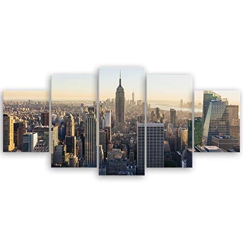 ge Bildet® hochwertiges Leinwandbild - New York City Skyline - 150 x 70 cm mehrteilig (5 teilig) | Wanddeko Wandbild Wandbilder Bild auf Leinwand | 2257