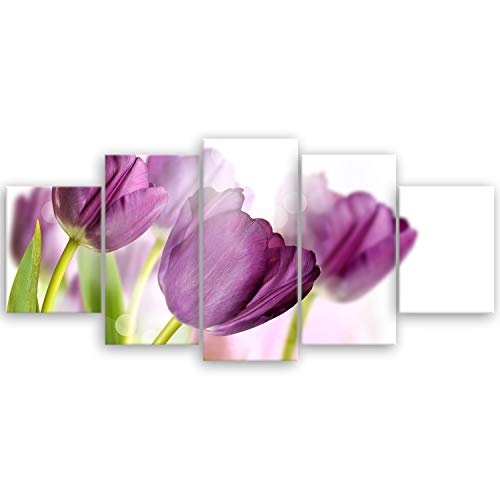 ge Bildet® hochwertiges Leinwandbild XXL Pflanzen Bilder - Tulpe - Blumen Violett Natur - 150 x 70 cm mehrteilig (5 teilig) 2207 E