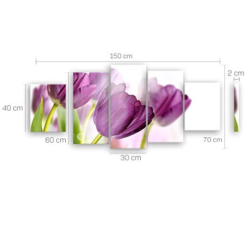 ge Bildet® hochwertiges Leinwandbild XXL Pflanzen Bilder - Tulpe - Blumen Violett Natur - 150 x 70 cm mehrteilig (5 teilig) 2207 E