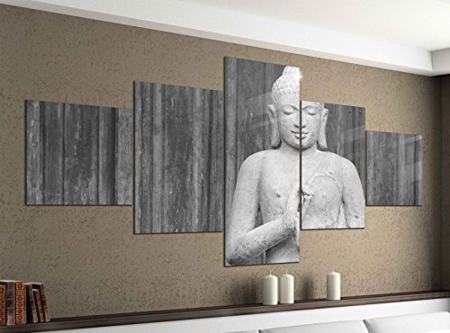 Leinwandbild 5 tlg. 200cmx100cm Buddha Figur Gott Asien Thailand schwarz weiß Bilder Druck auf Leinwand Bild Kunstdruck mehrteilig Holz 9YA1728, 5Tlg 200x100cm:5Tlg 200x100cm