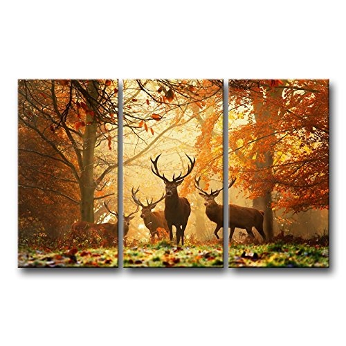 So Crazy Art 3 Panel Braun Dekorativ Hirsch im Herbst Wald Tier Fotos Prints auf Leinwand Bild Decor Öl für Moderne Heimdekoration Druck Modern 16x32inchx3Panel