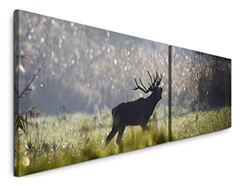 Paul Sinus Art Hirsch im Wald 180x50cm - 2 Wandbilder je 50x90cm - Kunstdrucke - Wandbild - Leinwandbilder fertig auf Rahmen