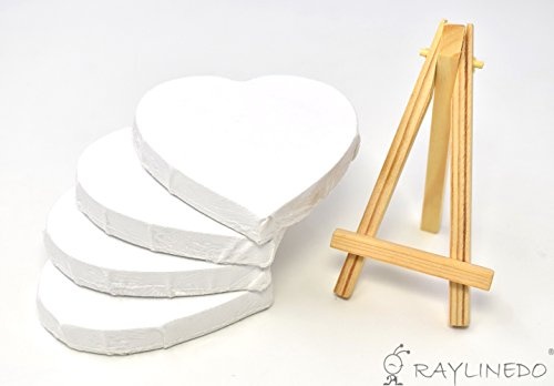 RayLineDo® Set mit 4 Mini-herzförmigen Künstler-Rahmen aus Leinwand, 10 cm, für Öl- und Wassergemälde, Flache Leinwand, mit 1 Mini-Holz-Staffelei