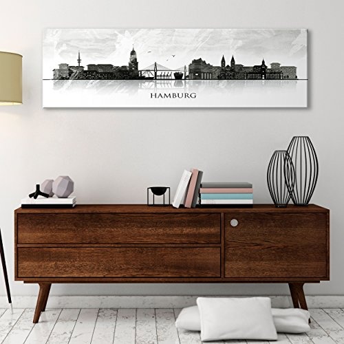 decomonkey Bilder Hamburg 150x45 cm XXL 1 Teilig Leinwandbilder Bild auf Leinwand Vlies Wandbild Kunstdruck Wanddeko Wand Wohnzimmer Wanddekoration Deko Stadt Aquarell City bunt