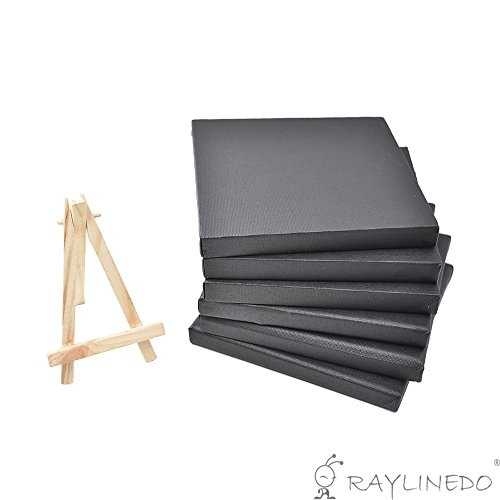 RayLineDo® Mini-Künstler-Leinwandrahmen, schwarz, 15 x 15 cm, für Öl-, Wasserfarben, Maltafel, flache Leinwand, 6 Stück, mit 1 Mini-Holzstaffelei