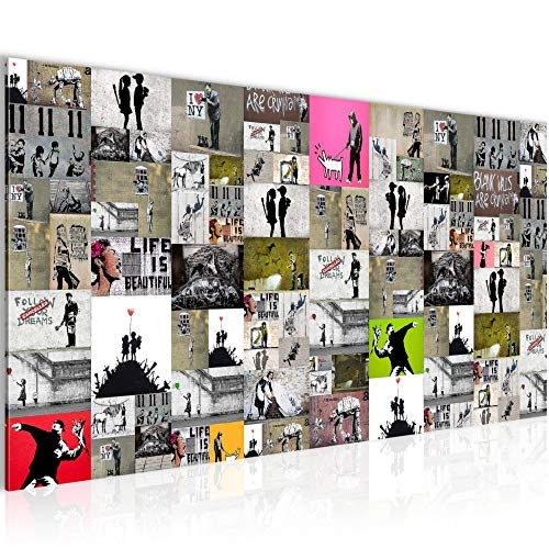 Bilder Collage Banksy Street Art Wandbild Vlies - Leinwand Bild XXL Format Wandbilder Wohnzimmer Wohnung Deko Kunstdrucke Bunt 1 Teilig - Made IN Germany - Fertig zum Aufhängen 302712a