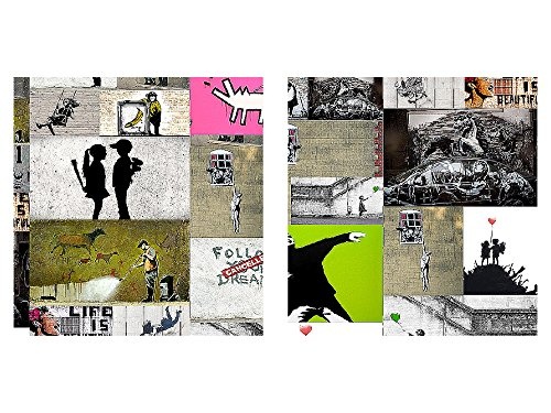 Bilder Collage Banksy Street Art Wandbild Vlies - Leinwand Bild XXL Format Wandbilder Wohnzimmer Wohnung Deko Kunstdrucke Bunt 1 Teilig - Made IN Germany - Fertig zum Aufhängen 302712a